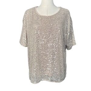 Black Tape Womens XL Champagne Sequin Short Sleeve Blouse Party Top